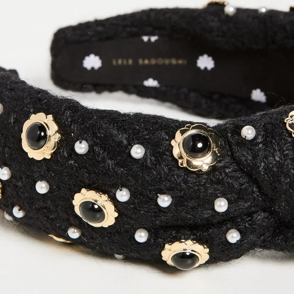 Lele Sadoughi Eva Cabochon Enameled Pearl Stud Tweed Black Knotted Headband